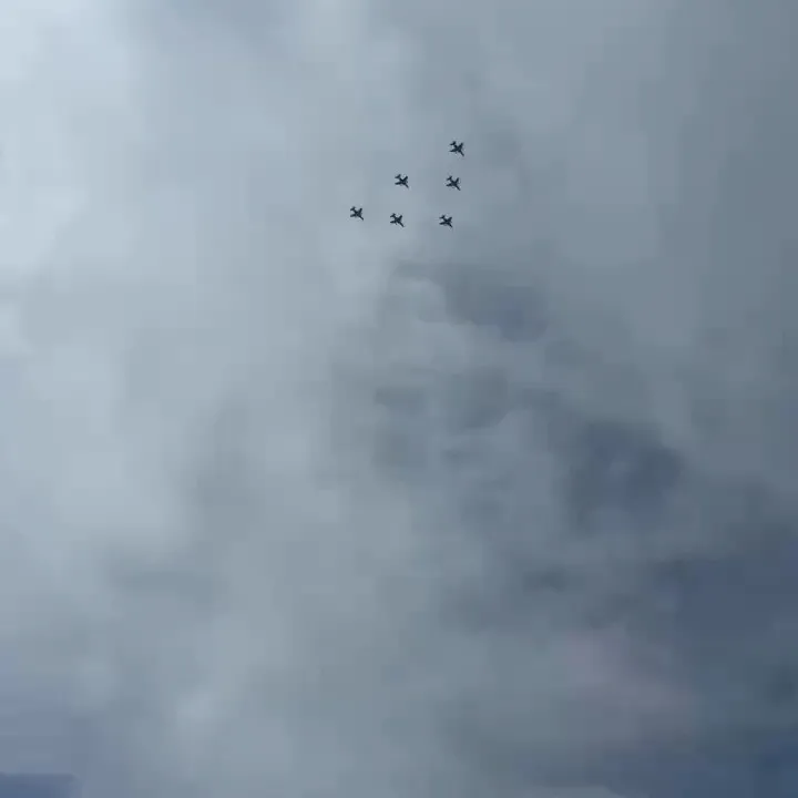 今、プールの屋上いてたらブルーインパルス真上通ってどっかに行...